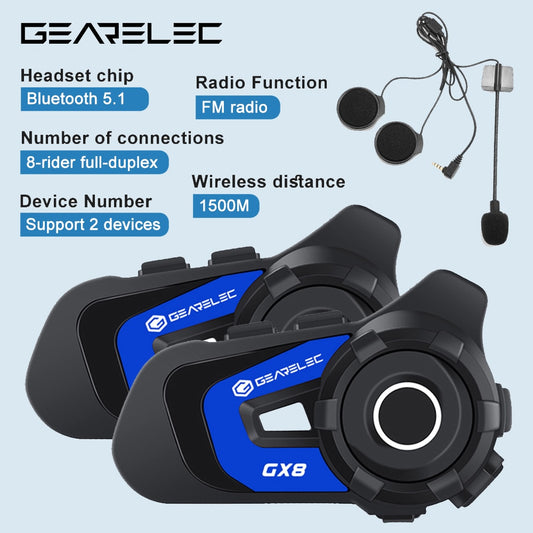 GEARELEC GX8 Bluetooth Motorcycle Intercom Helmet Headset 8 Rider Speaker Headphone/Music Sharing Interphone / FREE Shipping
