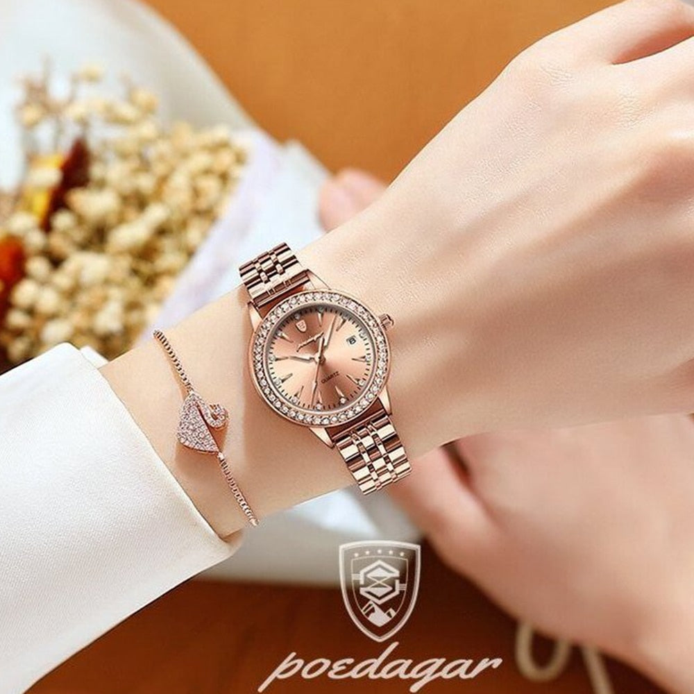 POEDAGAR Ladies Watch with sparkling Diamonds / Luminous / Date / Quartz  / FREE Shipping