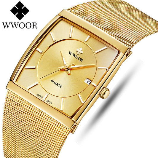 WWOOR Luxury Gold Watch Men Square Japan Quartz Slim Steel Mesh Waterproof / Sports Auto Date
