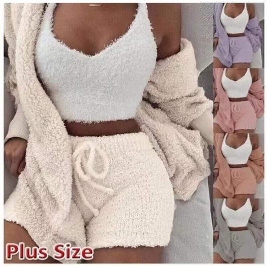 Ladies 3 Piece Fluffy Fleece  Outfit Jacket / Top / Shorts Sexy Backless Top / FREE Shipping