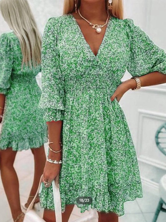 Ladies Sexy V Neck Beach Dress Elegant  Floral designs Half Sleeve  / FREE Shipping