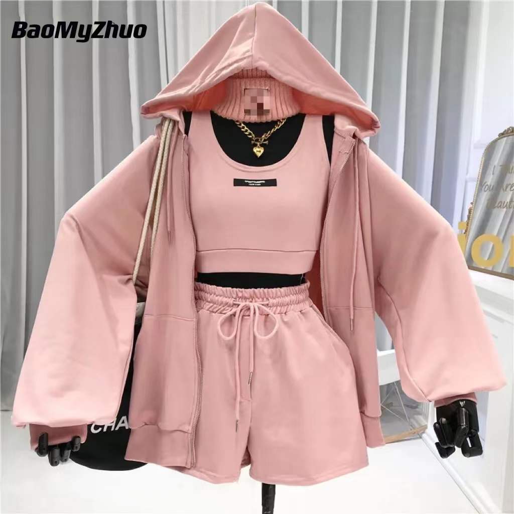 3 Piece Sets  Top /  Drawstring Shorts / Zipper hoodie  Sportswear / FREE shipping