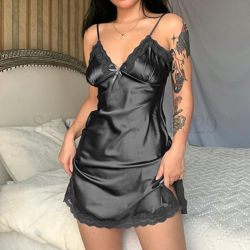 Ladies sexy satin  Nightgown with lace / flower print  / FREE Shipping
