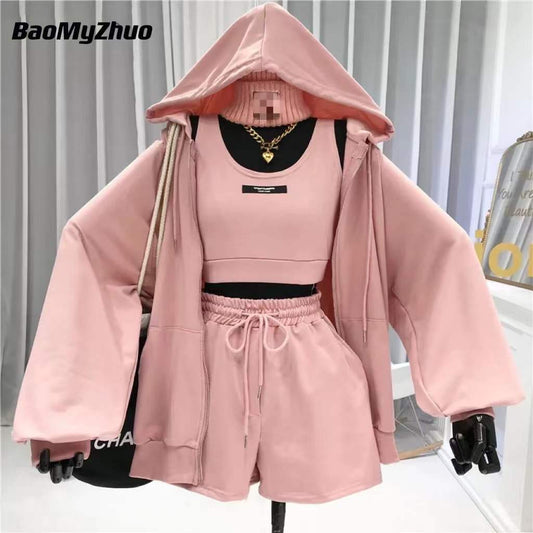 3 Piece Sets  Top /  Drawstring Shorts / Zipper hoodie  Sportswear / FREE shipping