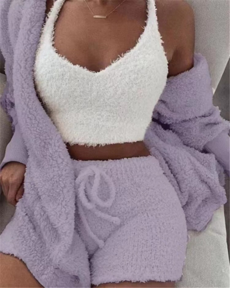 Ladies 3 Piece Fluffy Fleece  Outfit Jacket / Top / Shorts Sexy Backless Top / FREE Shipping
